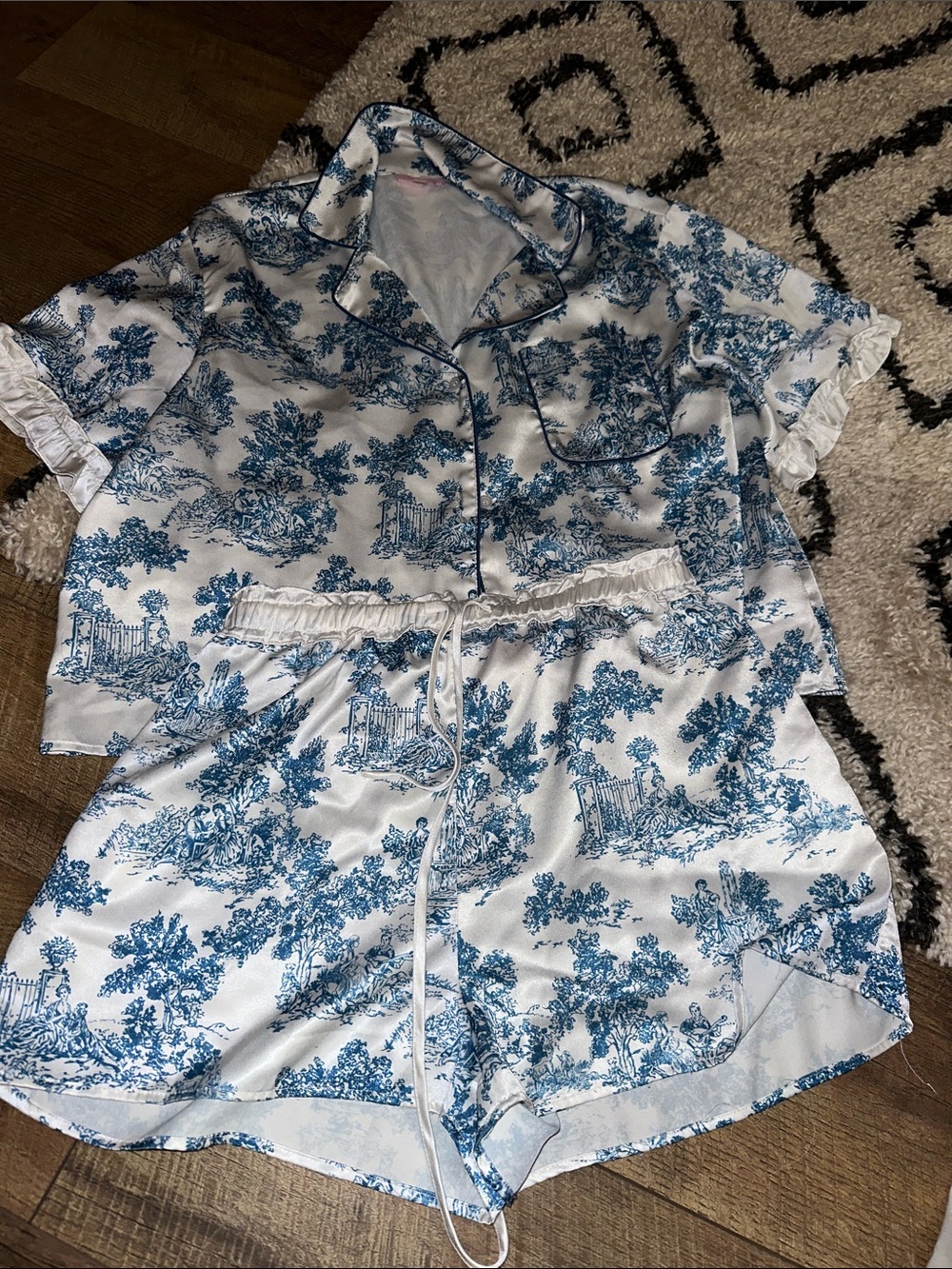 Pink Lily Blue & White Toile Satin Pajama Set